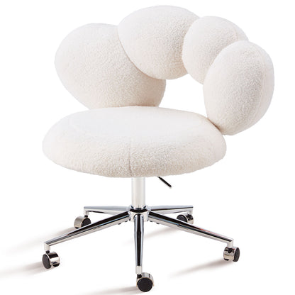 Armless Desk Chair, Teddy Fabric Vanity Chair with Wheels & Adjustable Height, Cute Cross-Legged Office Chair for Bedroom, Living Room & Dressing Room
