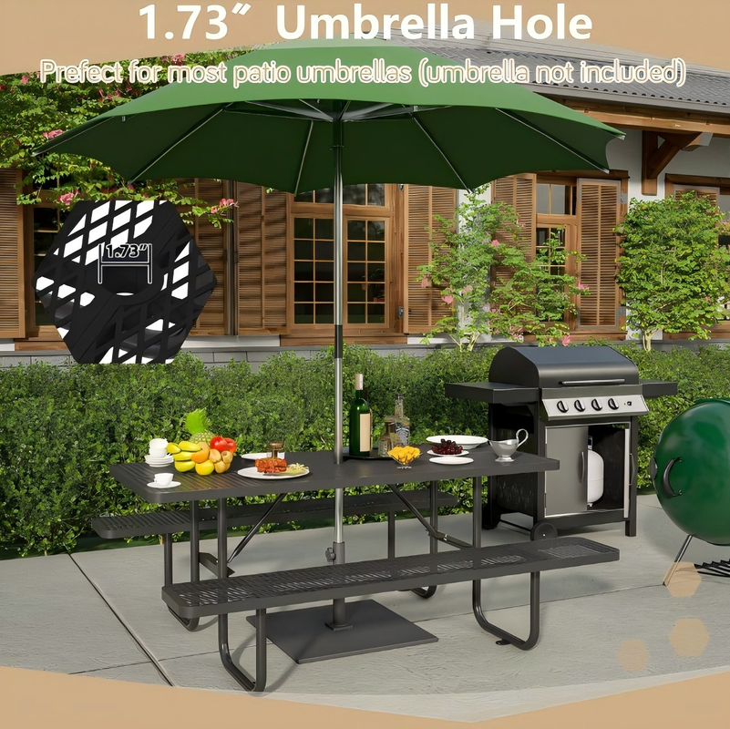 72.2 in. Rectangular Outdoor Steel Picnic Table with Umbrella Hole and 2 Built-in Benches