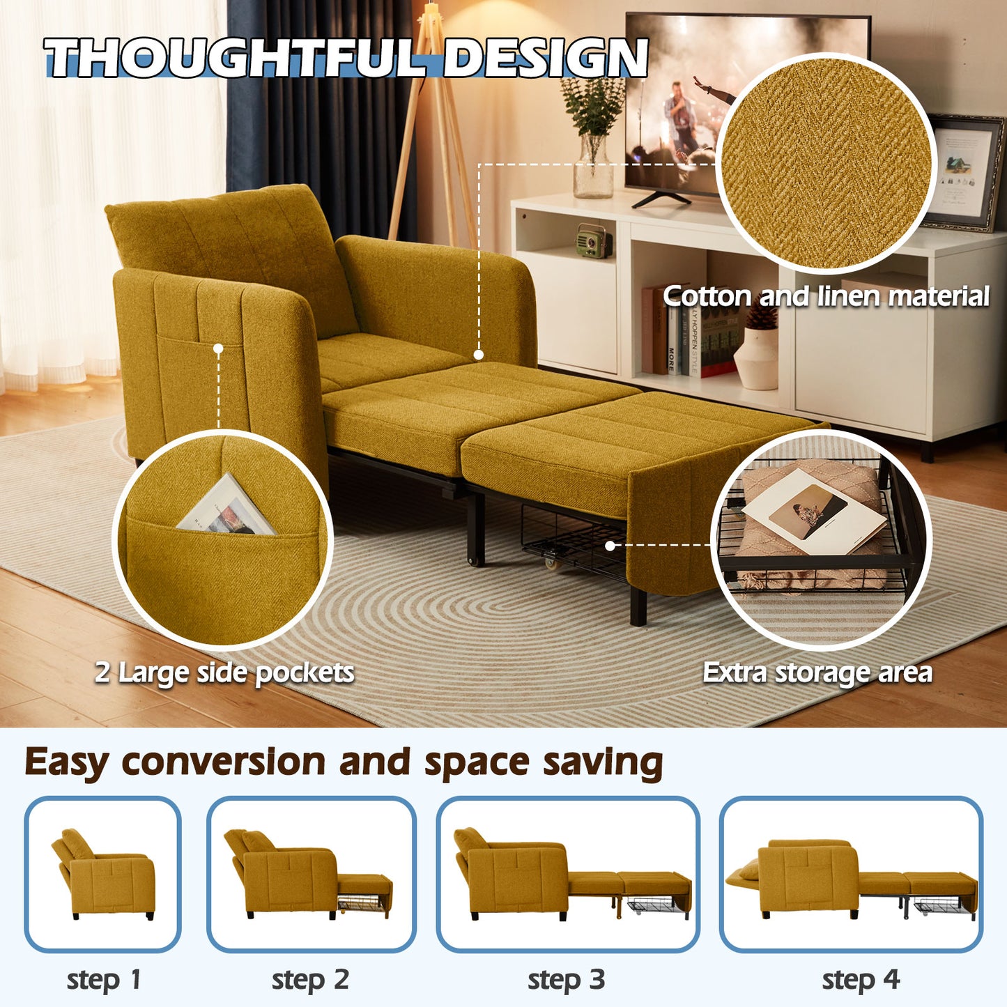 84" Extra-Long Sleeper Chair, 4-in-1 Convertible Pull-Out Chair Bed, Single Sofa Bed for Adults, Perfect for Living Rooms & Small Spaces