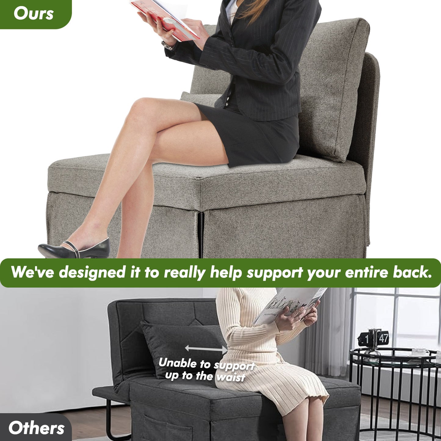 5-in-1 Convertible Sleeper Chair Bed, Assembly-Free Folding Sofa Chair with Adjustable Backrest, Linen Ottoman Sofa Bed for Apartment & Living Room