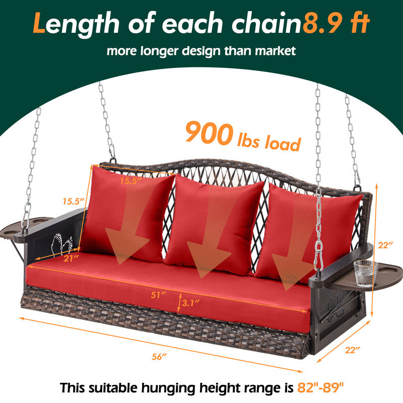 Upgraded Wicker Hanging Porch Swing Heavy Duty 900 LBS 3-Seat Outdoor Patio Swing Chair Bench for Adult w/ 8.9ft Hanging Chains Cushions and Cup Holder