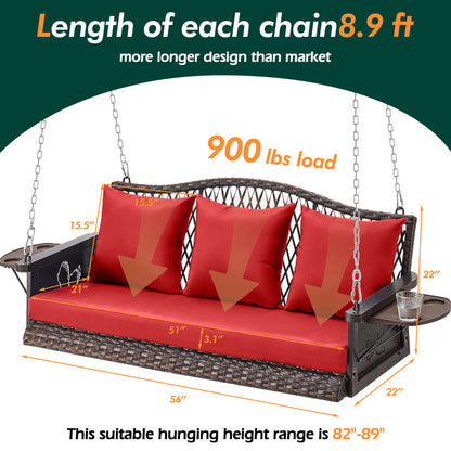 Upgraded Wicker Hanging Porch Swing Heavy Duty 900 LBS 3-Seat Outdoor Patio Swing Chair Bench for Adult w/ 8.9ft Hanging Chains Cushions and Cup Holder