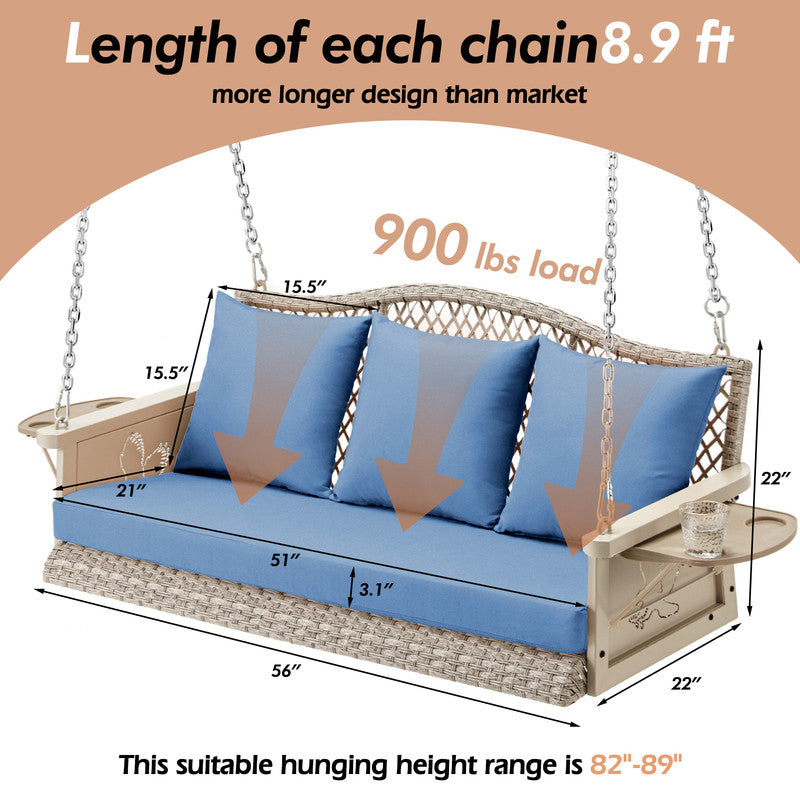 Upgraded Wicker Hanging Porch Swing Heavy Duty 900 LBS 3-Seat Outdoor Patio Swing Chair Bench for Adult w/ 8.9ft Hanging Chains Cushions and Cup Holder