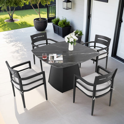 Cavallo 5-Piece Outdoor Pedestal Dining Set Rounded Square Sintered Stone Table & 4 Armchairs W/ Sunbrella Cushions