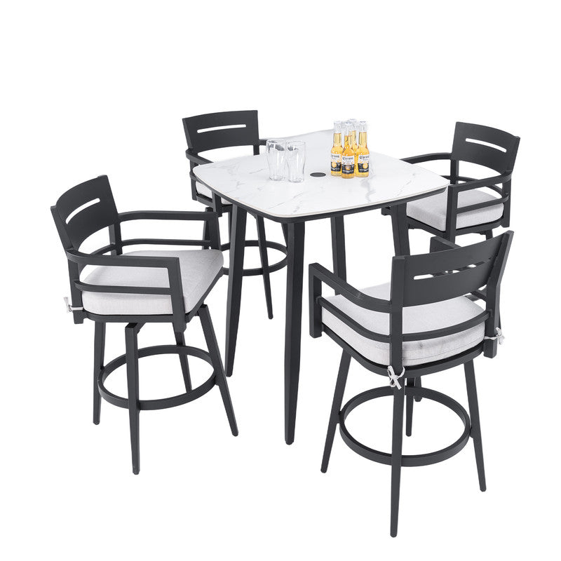 Barvallo 5-Piece Aluminum 41.7 in. Outdoor Bistro Set with Swivel Chairs and Sunbrella Silver Cushion and Umbrella Hole