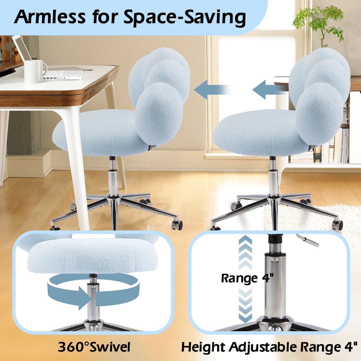 Armless Desk Chair, Teddy Fabric Vanity Chair with Wheels & Adjustable Height, Cute Cross-Legged Office Chair for Bedroom, Living Room & Dressing Room