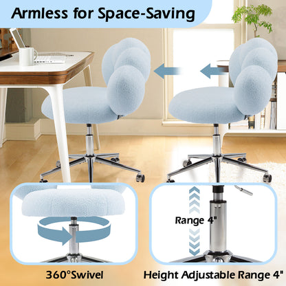 Armless Desk Chair, Teddy Fabric Vanity Chair with Wheels & Adjustable Height, Cute Cross-Legged Office Chair for Bedroom, Living Room & Dressing Room