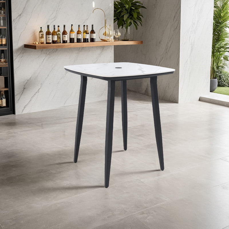 Barvallo Rounded-Square Aluminum Outdoor Bistro Table with Sintered Stone Tabletop and Umbrella Hole