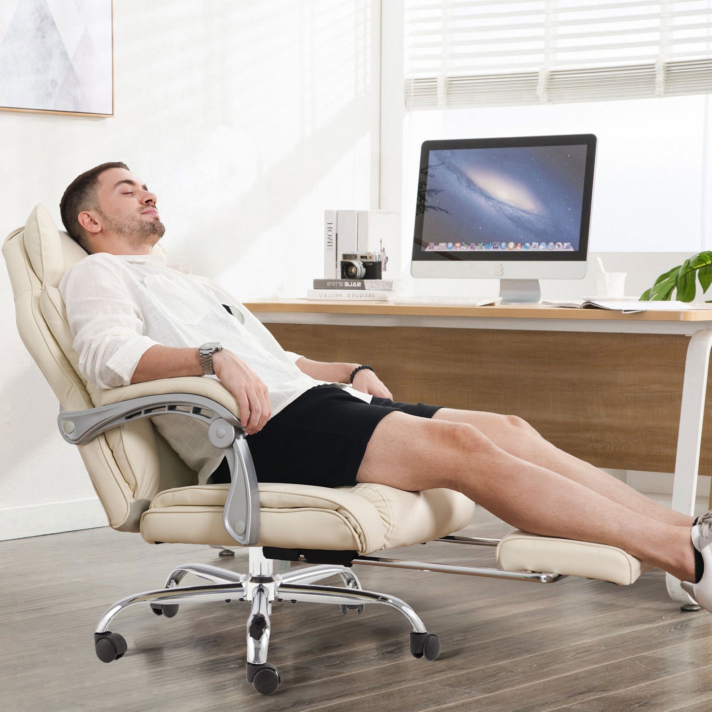 Executive Office Chair with Footrest, High-Back PU Leather Computer Chair, Adjustable Height & Recline, Ergonomic Desk Chair with Linked Armrests