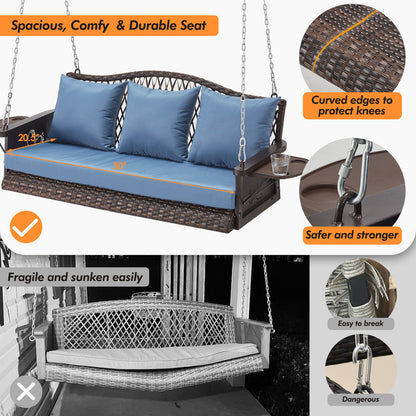 Upgraded Wicker Hanging Porch Swing Heavy Duty 900 LBS 3-Seat Outdoor Patio Swing Chair Bench for Adult w/ 8.9ft Hanging Chains Cushions and Cup Holder