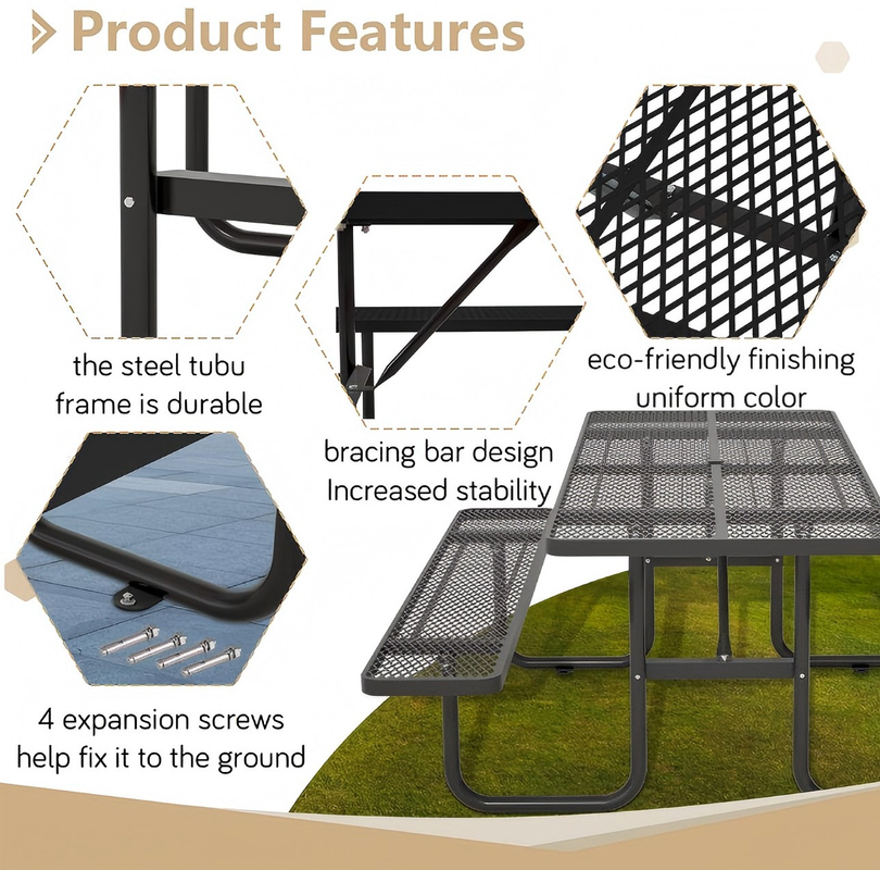 72.2 in. Rectangular Outdoor Steel Picnic Table with Umbrella Hole and 2 Built-in Benches