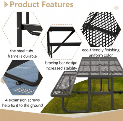 72.2 in. Rectangular Outdoor Steel Picnic Table with Umbrella Hole and 2 Built-in Benches