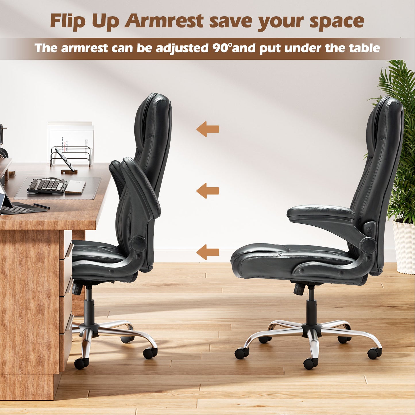 Ergonomic PU Leather Desk Chair with Lumbar Support, Adjustable Height