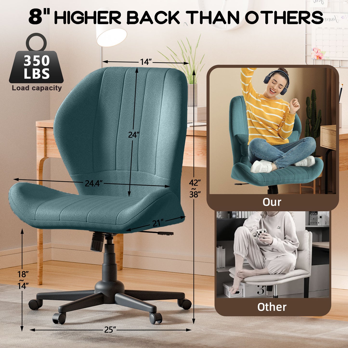 Criss Cross Office Chair with Wheels, Wide Armless Desk Chair with Tall Back, Ergonomic Cross-Legged Vanity Chair for Bedroom & Home Office