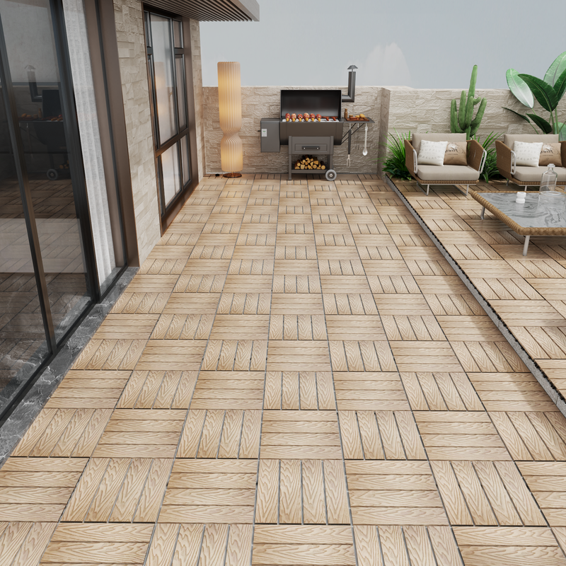 Teak Wood-Plastic Composite Patio Deck Tiles, 12 in. x 12 in. Interlocking Deck Tiles