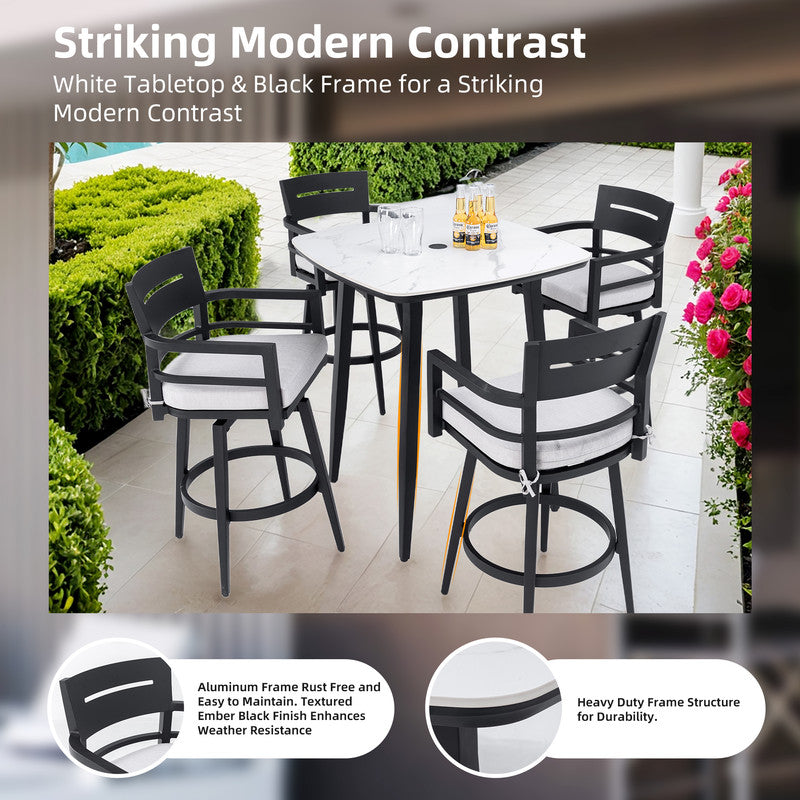 Barvallo 5-Piece Aluminum 41.7 in. Outdoor Bistro Set with Swivel Chairs and Sunbrella Silver Cushion and Umbrella Hole