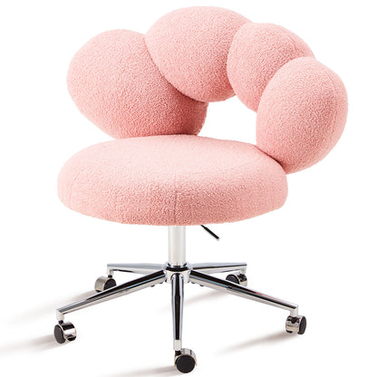 Armless Desk Chair, Teddy Fabric Vanity Chair with Wheels & Adjustable Height, Cute Cross-Legged Office Chair for Bedroom, Living Room & Dressing Room