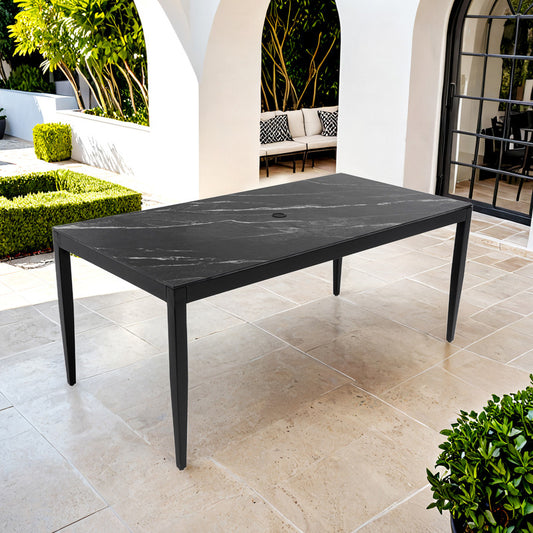 Cavallo Rectangle Aluminum Outdoor Dining Table with Black Marble-Inspired Sintered Stone Top