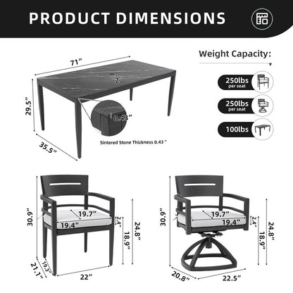 Cavallo 7-Piece Aluminum Outdoor Dining Set with Black Marble-Look Sintered Stone Tabletop and Sunbrella Cushions