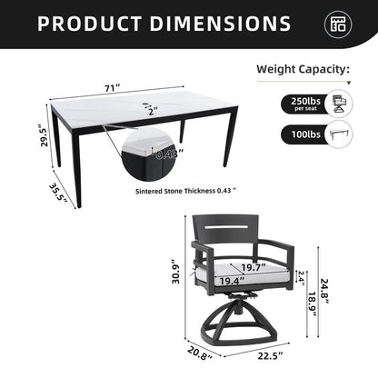 Cavallo 7-Piece Aluminum Outdoor Dining Set with White Marble-Look Sintered Stone Tabletop and Sunbrella Cushions
