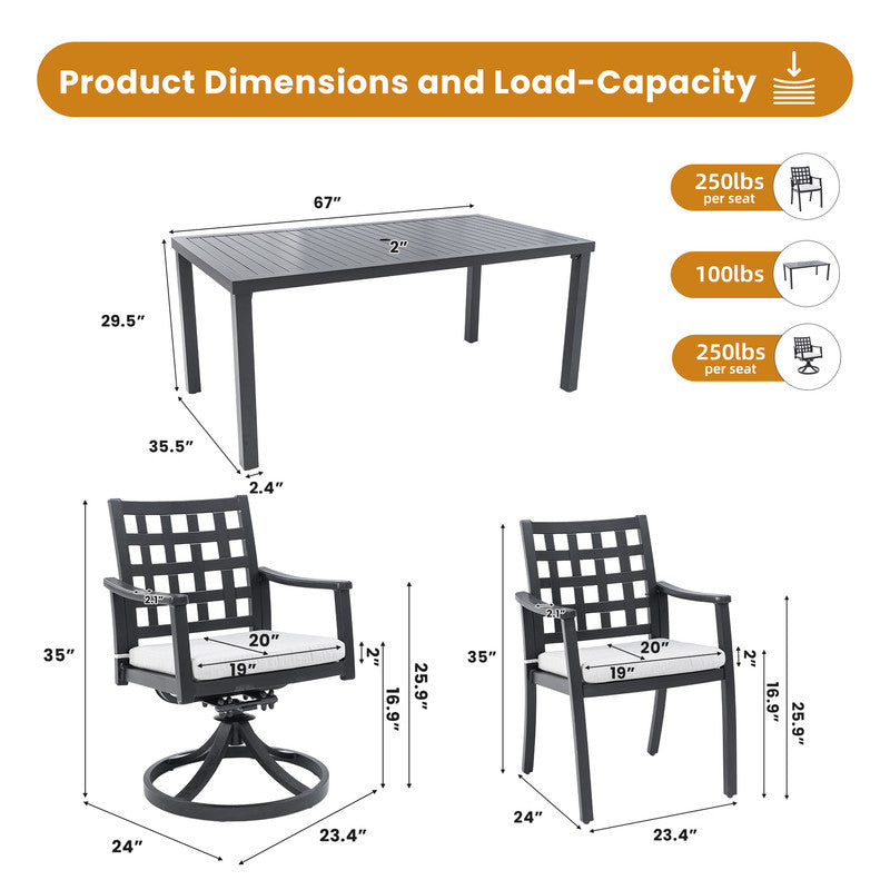 Alderon 7-Piece Cast Aluminum Outdoor Dining Set with 4 Dining Chairs and 2 Swivel Rockers Sunbrella Cushions