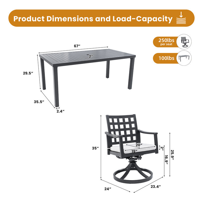 Alderon 7-Piece Aluminum Outdoor Dining Set with Swivel Rocking Chairs Sunbrella Cushions