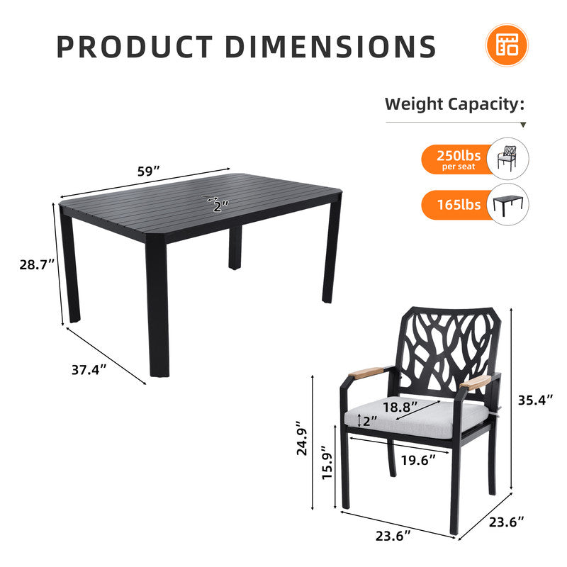 Arvello 7-Piece Aluminum Outdoor Dining Set with 6 Stationary Dining Chairs Sunbrella Cushions