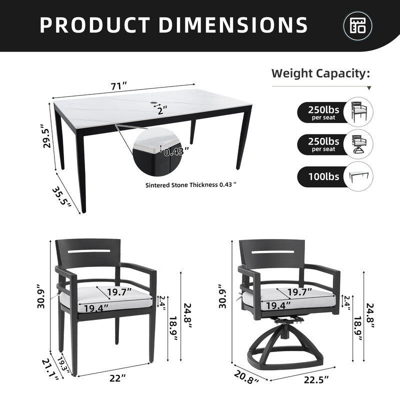 Cavallo 7-Piece Aluminum Outdoor Dining Set with White Marble-Look Sintered Stone Tabletop and Sunbrella Cushions