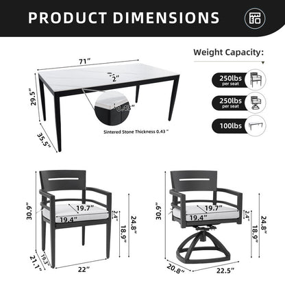 Cavallo 7-Piece Aluminum Outdoor Dining Set with White Marble-Look Sintered Stone Tabletop and Sunbrella Cushions