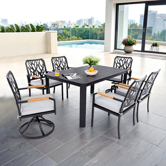 Arvello 7-Piece Aluminum Outdoor Dining Set with 4 Dining Chairs and 2 Swivel Rockers Sunbrella Cushions