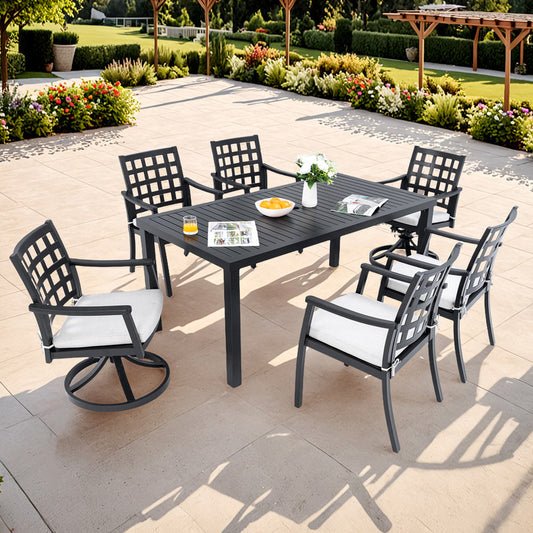 Alderon 7-Piece Cast Aluminum Outdoor Dining Set with 4 Dining Chairs and 2 Swivel Rockers Sunbrella Cushions
