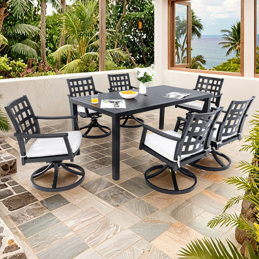 Alderon 7-Piece Aluminum Outdoor Dining Set with Swivel Rocking Chairs Sunbrella Cushions