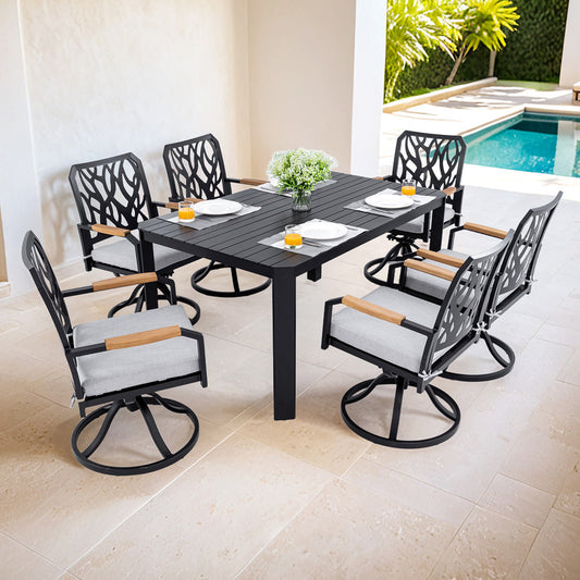 Arvello 7-Piece Aluminum Outdoor Dining Set with Swivel Rocking Chairs Sunbrella Cushions
