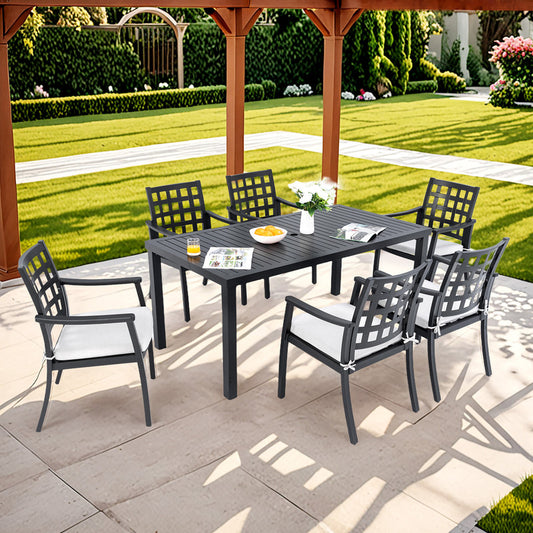 Alderon Black 7-Piece Aluminum Outdoor Dining Set with 6 Stationary Dining Chairs Sunbrella Cushions