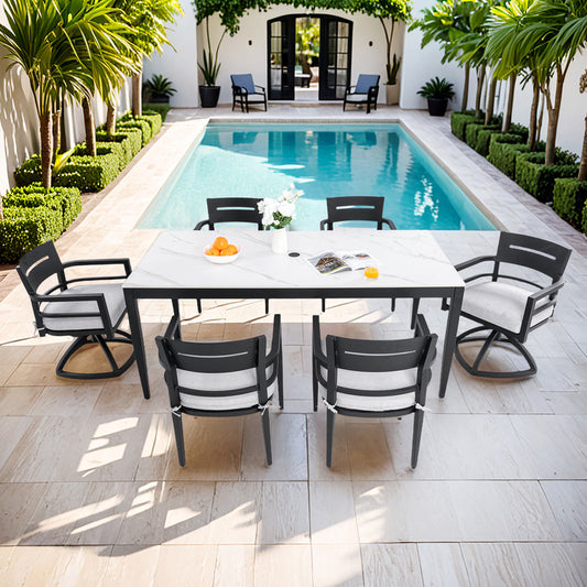 Cavallo 7-Piece Aluminum Outdoor Dining Set with White Marble-Look Sintered Stone Tabletop and Sunbrella Cushions