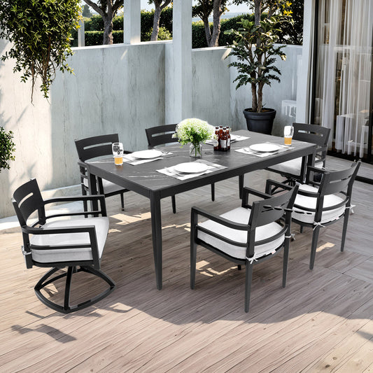 Cavallo 7-Piece Aluminum Outdoor Dining Set with Black Marble-Look Sintered Stone Tabletop and Sunbrella Cushions