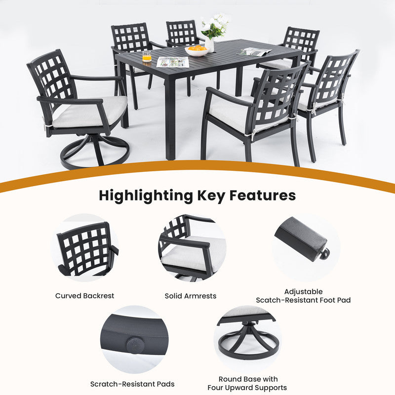 Alderon 7-Piece Cast Aluminum Outdoor Dining Set with 4 Dining Chairs and 2 Swivel Rockers Sunbrella Cushions