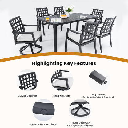 Alderon 7-Piece Cast Aluminum Outdoor Dining Set with 4 Dining Chairs and 2 Swivel Rockers Sunbrella Cushions