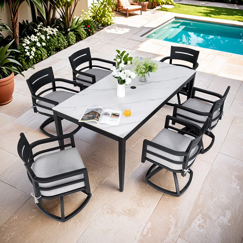 Cavallo 7-Piece Aluminum Outdoor Dining Set with White Marble-Look Sintered Stone Tabletop and Sunbrella Cushions