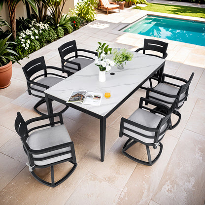Cavallo 7-Piece Aluminum Outdoor Dining Set with White Marble-Look Sintered Stone Tabletop and Sunbrella Cushions