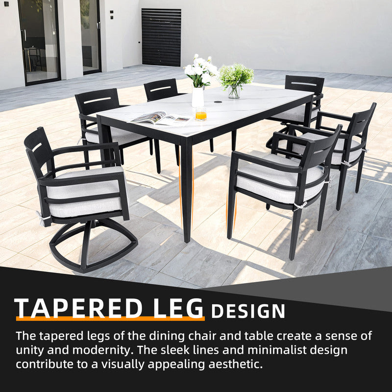 Cavallo 7-Piece Aluminum Outdoor Dining Set with White Marble-Look Sintered Stone Tabletop and Sunbrella Cushions