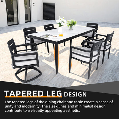 Cavallo 7-Piece Aluminum Outdoor Dining Set with White Marble-Look Sintered Stone Tabletop and Sunbrella Cushions