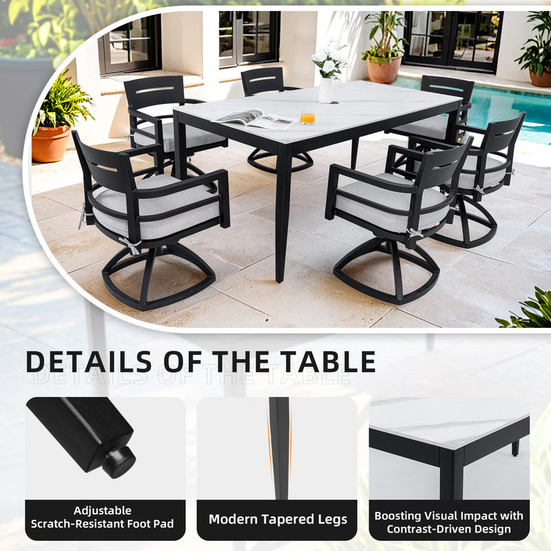 Cavallo 7-Piece Aluminum Outdoor Dining Set with White Marble-Look Sintered Stone Tabletop and Sunbrella Cushions