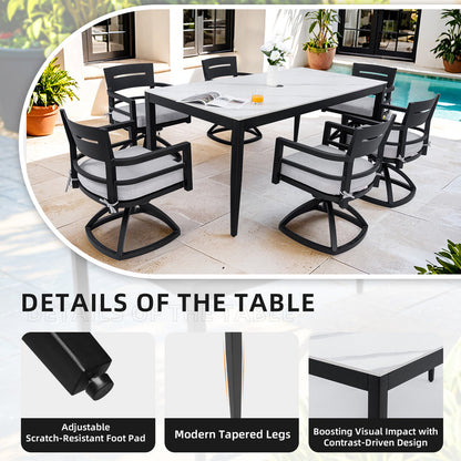Cavallo 7-Piece Aluminum Outdoor Dining Set with White Marble-Look Sintered Stone Tabletop and Sunbrella Cushions