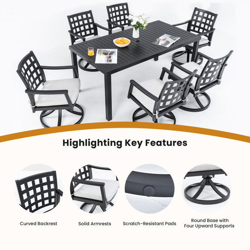 Alderon 7-Piece Aluminum Outdoor Dining Set with Swivel Rocking Chairs Sunbrella Cushions
