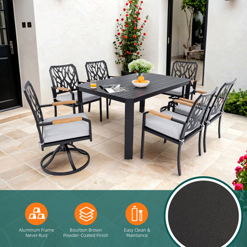 Arvello 7-Piece Aluminum Outdoor Dining Set with 4 Dining Chairs and 2 Swivel Rockers Sunbrella Cushions