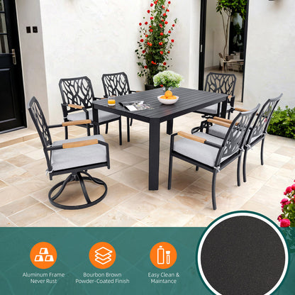 Arvello 7-Piece Aluminum Outdoor Dining Set with 4 Dining Chairs and 2 Swivel Rockers Sunbrella Cushions