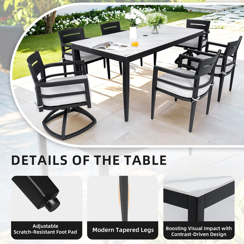 Cavallo 7-Piece Aluminum Outdoor Dining Set with White Marble-Look Sintered Stone Tabletop and Sunbrella Cushions
