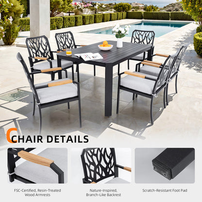 Arvello 7-Piece Aluminum Outdoor Dining Set with 6 Stationary Dining Chairs Sunbrella Cushions