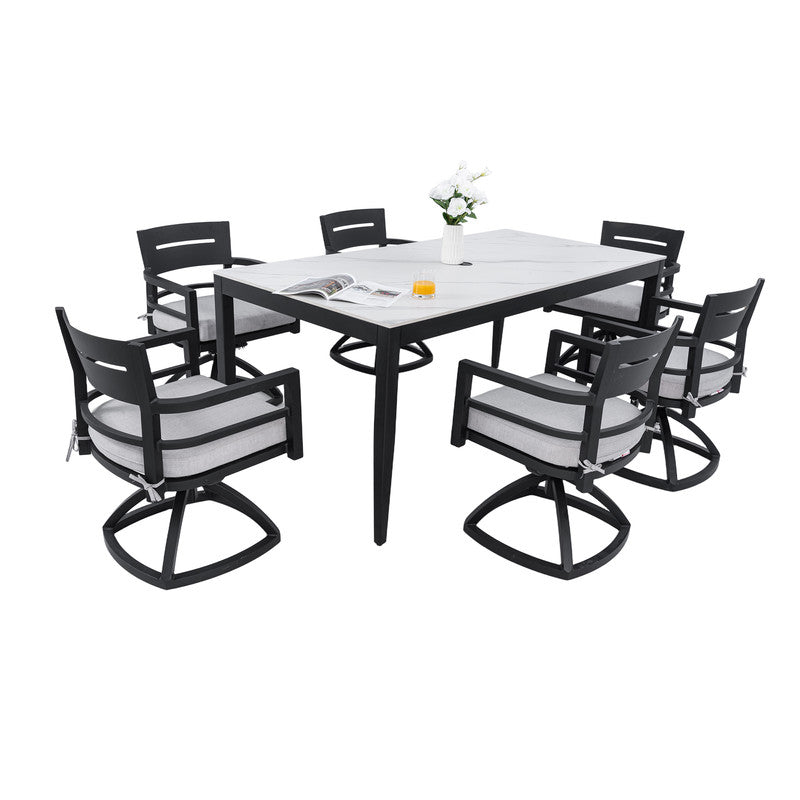 Cavallo 7-Piece Aluminum Outdoor Dining Set with White Marble-Look Sintered Stone Tabletop and Sunbrella Cushions